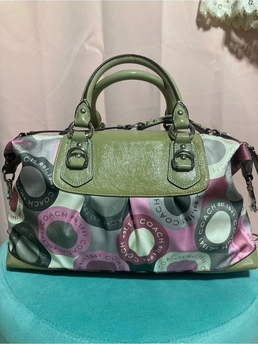 Coach Olive Green & Pink Circle Print Satchel - Picture 7 of 9